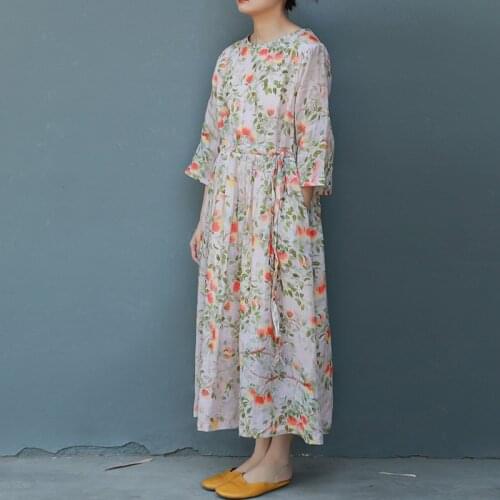 FairyNatural Ladies Bandage Print Floral Retro High Quality Robes O-Neck New Loose 2021 Summer Ramie Dress Half Sleeve