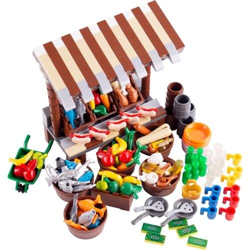 MOC City DIY Building Blocks Parts Food Fruit Fish Bread Roast Chicken Brick Accessories Compatible with Kids Creative Toys