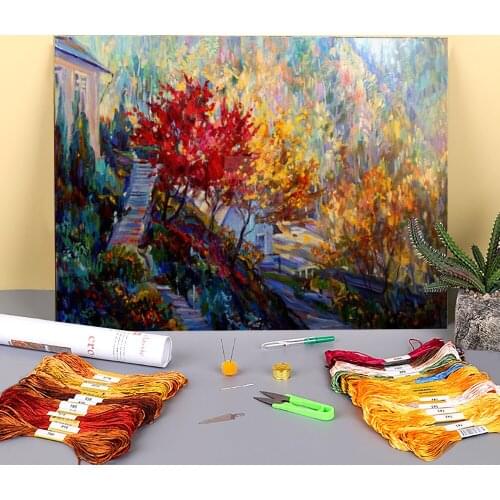 Oil Painting Style Printed Water-Soluble Canvas 11CT Cross Stitch Full Kit DIY Embroidery DMC Threads Painting Package