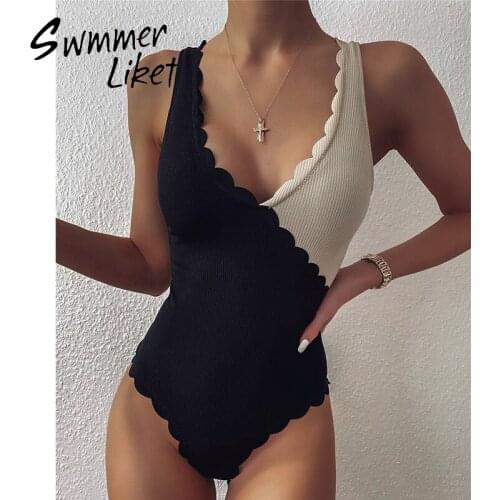 Ribbed monokini Color block one piece swimsuit women V-neck swimwear female Vintage bathing suit Sports bodysuit swim suit new