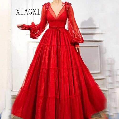 2020 Muslim Red Evening Dress Sheers A-Line Deep V-Neck Full Sleeves Long Evening Dresses Prom Dress Party Gowns Vestidos