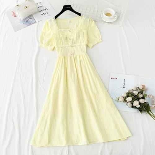 2021 summer new style French square collar cotton and linen ladies dress pure color women lace short-sleeved dress