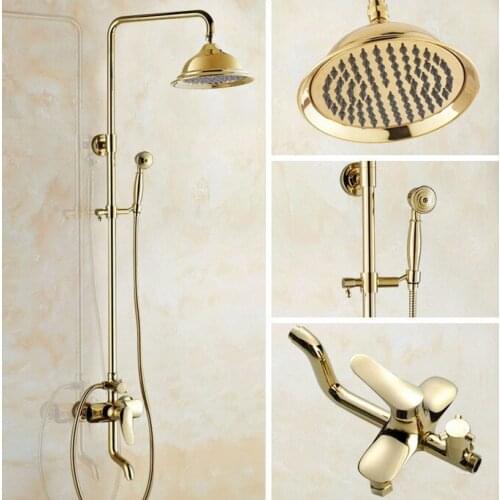 Luxury Gold Color Brass Wall Mount 8" Rain Bathroom Rainfall Shower Faucet Set with Hand Spray Shower Head Tub Mixer Tap 2gf303