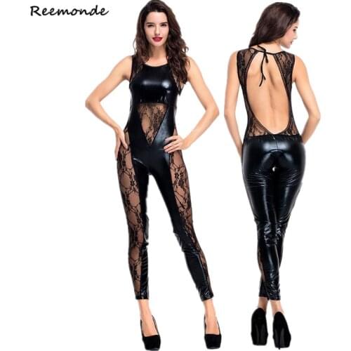 Adult Women Sexy Black Naked Back Jumpsuit Synthetic Leather Catsuit Jumpsuit Bodysuits With Whip Halloween Fancy Costumes