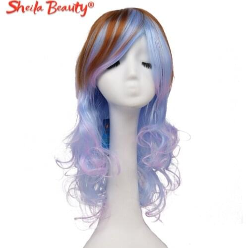 Synthetic Hair Wigs Blue Deep Wave Wig With Bangs For Women Medium Long Ombre Hair Heat Resistant Cosplay Party Wigs