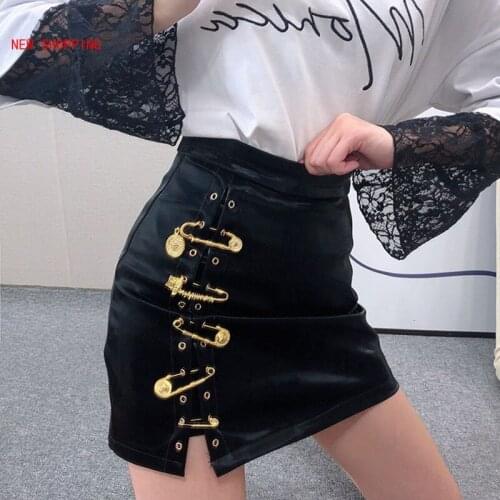 Plus Size 4XL Gothic Punk PU Leather Skirts Women Fashion Vintage Black Pin A-line Skirt Female High Waist Hip Mini Skirt New