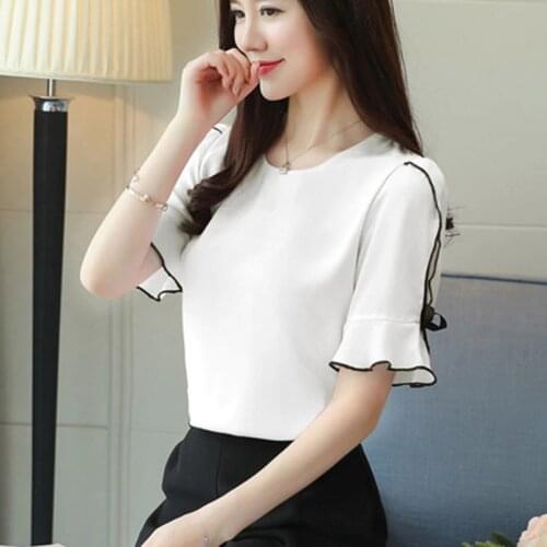 Women Spring Summer Style Chiffon Blouses Shirts Lady Brand O-Neck Flare Sleeve Blousas Tops Feminina DD1765