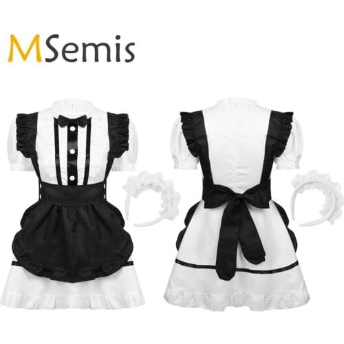 MSemis Women Halloween French Maid Cosplay Costume Outfit Short Puff Sleeves Maid Uniform Dress with Apron Headwear and Bowknot