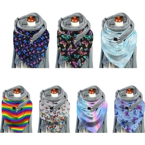 Women Winter Thicken Warm Large Scarf Butterfly Rainbow Stripes Print Neck Warmer Snood with Clip Thermal Blanket Shawl
