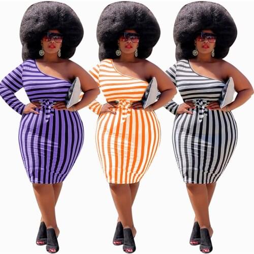 Zoctuo Womens Clothing One Shoulder Long Sleeve Dresses Striped Printing Diagonal Collar High Waist Sexy Bodycon Dress Bandage