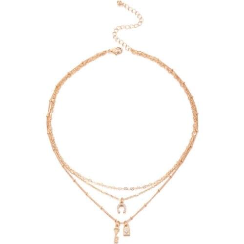 Bohemian Gold Necklaces For Women Multilayer Crystal Key Lock Pendants Necklace Portrait Chokers 2021 Trendy New Jewelry Gift