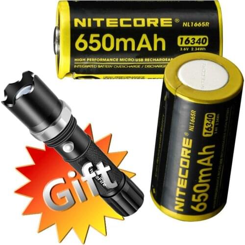 Nitecore NL1665R 2x Pieces 650mAh 16340 CR123 3.6V Built-in USB Charge Port Rechargeable Battery + Gift Flashlight Free Shipping