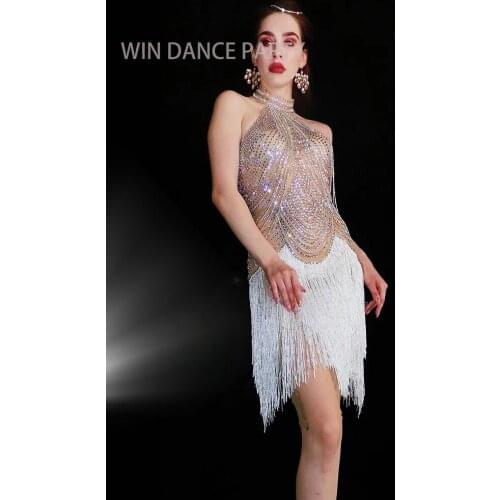 Shining Rhinestone Tassel Dress Sexy Women Elastic Mesh Net Perspective Crystal Dress Singer Stage Costumes Latin Dance Dress