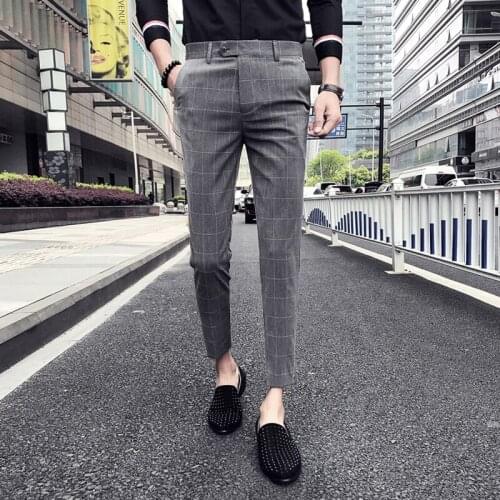 Men Lattice Trousers Pant 2020 Autumn British Western Pants Office-trousers Pantalon De Travail Pour Homme Grid Men Pants Casual