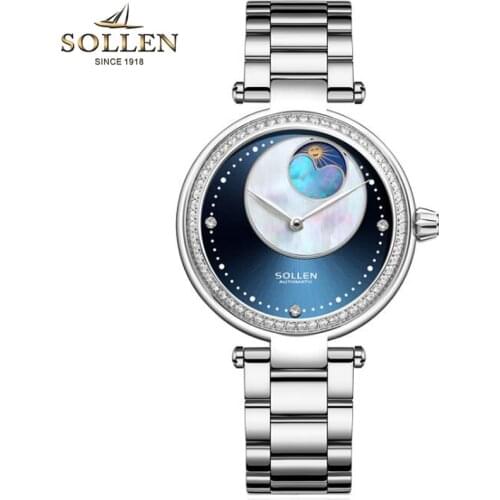 SOLLEN Watch Women Automatic Waterproof Top Brand Mechanical Watches Full Stainless steel Silver Clocks Elegant Ladies Watch