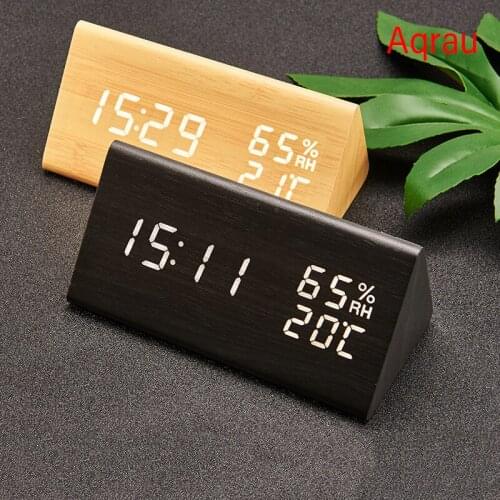 Humidity Thermometer Alarm Clock LED Wooden Watch Table Voice Control Digital Wood Powered Electronic Desktop Clocks Home Decor