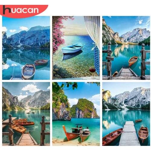HUACAN 5D DIY Diamond Art Painting Landscape Boat Diamond Embroidery Cross Stitch Lake Mountain Rhinestones Mosaic Handmade Gift