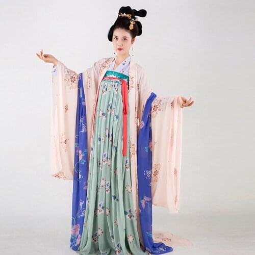 Chinese National Trend Hanfu Han Element Wide Sleeve Wide Hem Embroidery Hanfu Print Chiffon High Waist Ruqun for Students