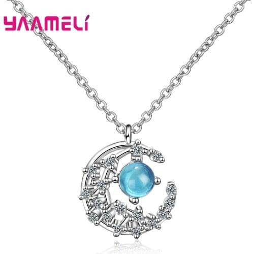 Hot Sale Solid 925 Sterling Silver Jewelry Blue Glass Bead Cubic Zircon Handmade Moon Pendant Short Clavicle Chain Necklace