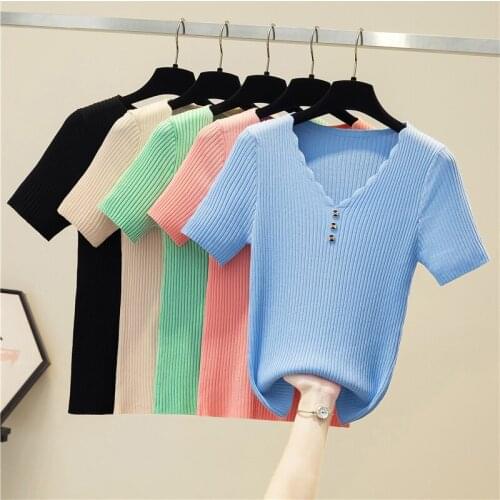 LJSXLS 8 Colors V Neck Knitted Woman Sweaters Pullovers 2021 Basic Womens Jumper Slim Casual Sweater Pull Short Sleeve Clothes