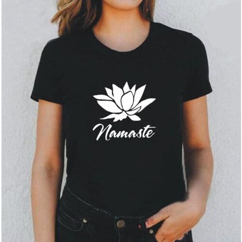 Fashion NAMASTE Yoga Lotus Flowe Letter Print Women Tshirt Loose Tee Shirt Femme Summer Short Sleeve Harajuku T Shirt Women Tops
