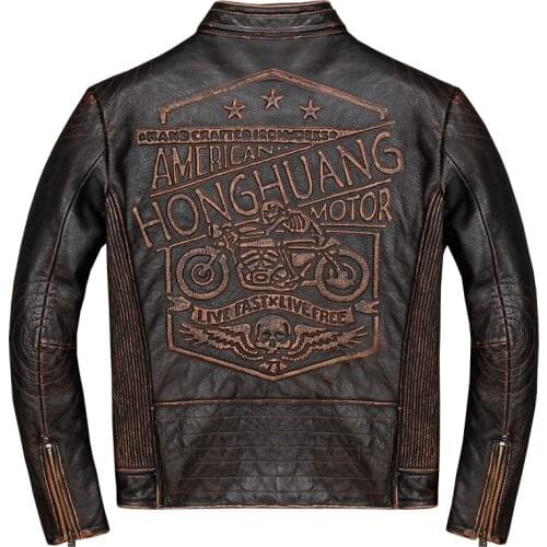 Vintage Genuine Leather Jacket Men Real 100% Real Cow Motorcycle Biker Pilot Baseball Casual Male Winter Warm Brown Leather Jack