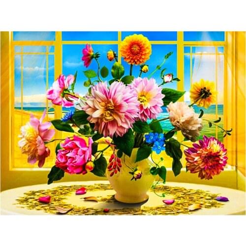 5D DIY Diamond Painting Flowers in Vase Cross Stitch Kit Full Drill Embroidery Mosaic Art Picture of Rhinestones Wall Decor