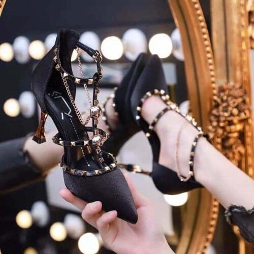 2020 Summer new black high heels with thin rivets shoes Design dress sandals women pumps female fairy style