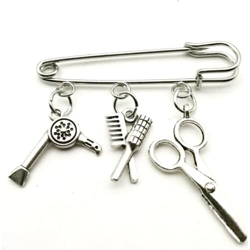 New Fashion Jewelry Hair Dryer Comb Scissors Brooch Men and Women Hairdresser Graduation Party Pendant DIY Handmade
