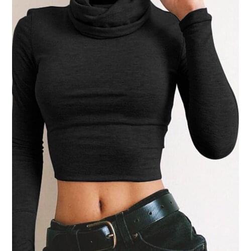 New Sexy T Shirt Women Long Sleeve Turtleneck Casual Slim Crop Tops Solid Shirt Skinny Clubwear Short Top 2021
