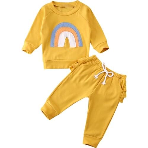 New 0-3T Baby Girl Clothes Kids Rainbow Long Sleeve Tops+Ruffle Pants Newborn Outfits Set