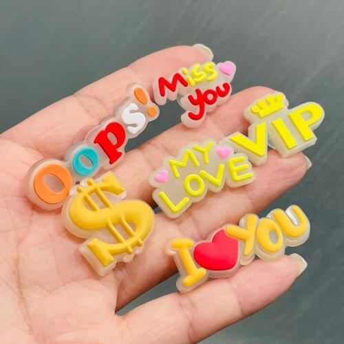 Wholesale 50Pcs Miss You Lovely Words Symbol PVC Shoe Charms Noctilucent Shoe Accessories DIY Backpack Wristband Croc Jibz