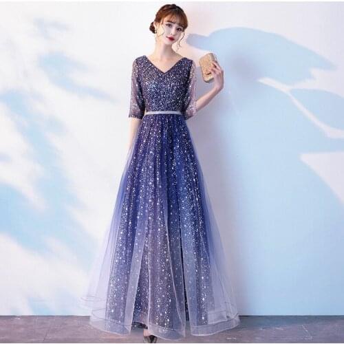Special Occasion Dresses Illusion V-Neck Half Tulle Lace Sequined Sashes A-Line Luxury Gradient Dark Blue Women Prom Gown E830