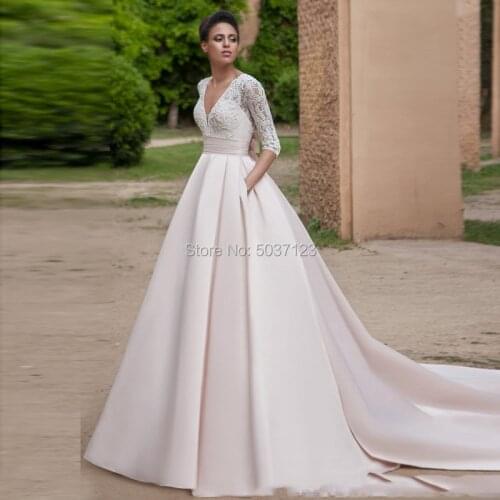 Vestido De Noiva Pink A Line Wedding Dresses with Pockets V Neck Beading Three Quarter A Line Bridal Gowns Court Train Brides