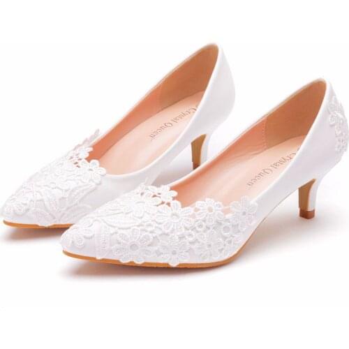 Elegant Simple Women Lace Flower Wedding Shoes Female White 5cm High-heeled Bridal Shoes Wedding Photos Adult Gift Shoes