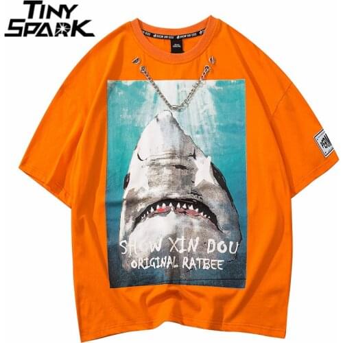 Hip Hop Streetwear Harajuku T Shirt Shark Letter Print Chain T-Shirt Cotton Casual 2021 Men Summer Short Sleeve Tshirt Black