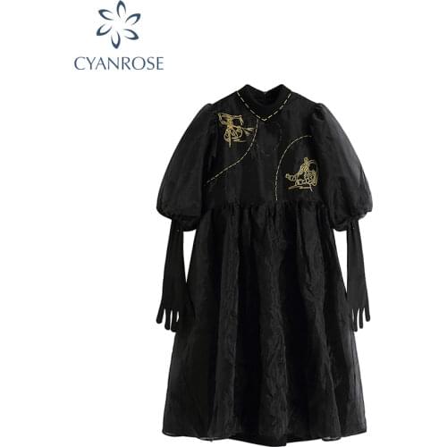 Vintage Chic Dress Women Embroidery Mesh Dress And Stand Neck Long Sleeve Slim Female Black Short Dress 2021 Autumn Fashion New