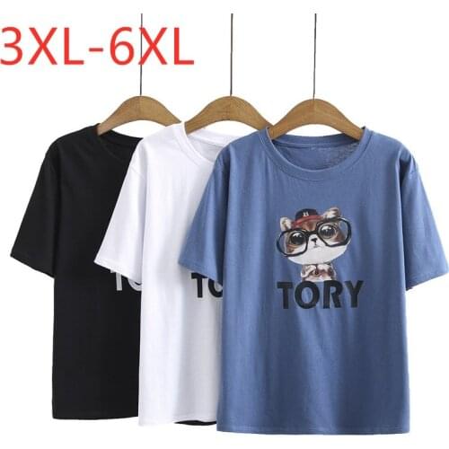 New 2021 Ladies Summer Plus Size Tops For Women Large Short Sleeve Loose Cotton Blue Print Cat O-neck T-shirt 3XL 4XL 5XL 6XL