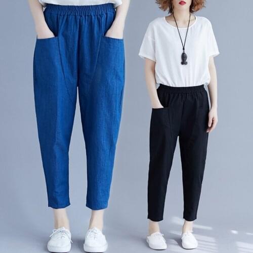 Plus Size Cotton Women Loose Ankle-length Pant 2019 Elastic Waist Summer Cozy Casual Trousers Solid Pants For Woman