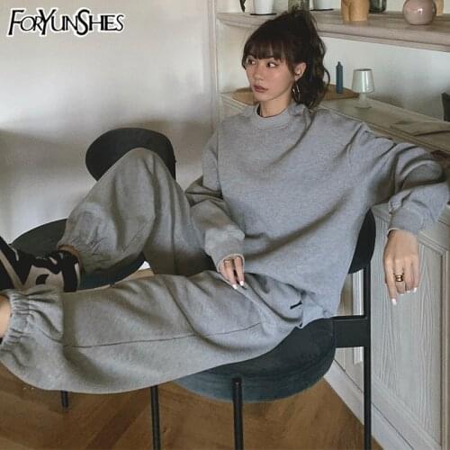 2021Korea Fashion Women Pants Suit Two Piece Set Casual Tracksuit Sweatshirts Oversize Pullover Solid Color Hoodies Set New