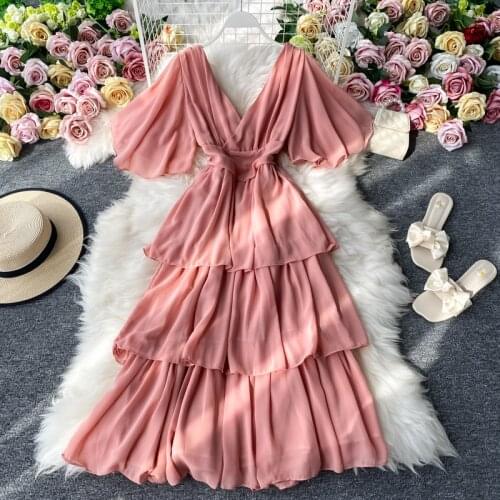 2021 New Summer Women Dress Ruffled Short-sleeved Chiffon Dress V-neck Sexy Beach Long Dress Backless Cake Dresses Vestidos