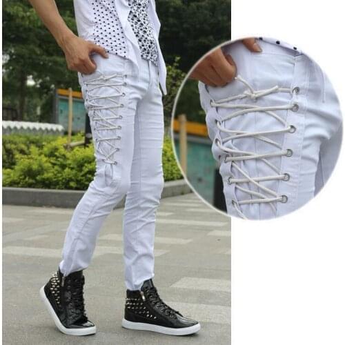2021 Hot Black Denim Jeans Slim Fit Lace Up Pants Skinny Pencil Mens Punk Trousers