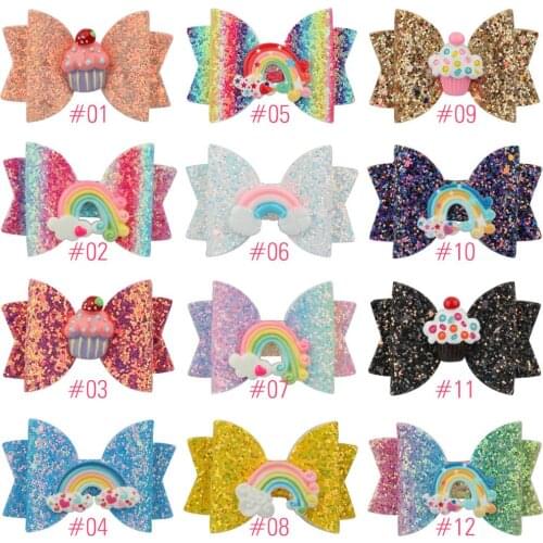 30pcs/lot , 3inch Candy Color Girls Glitter Hair Bows Clips Double Rainbow Bows Hairpins for Princess Headdress Accessories