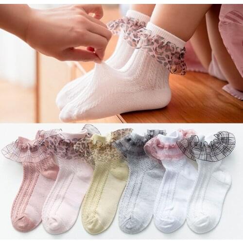0-8Y Toddlers Girls Socks Leopard Ruffle Lace Soft Cotton Baby Socks Mesh Stripped Children Socks Korean Princess Dress Socks