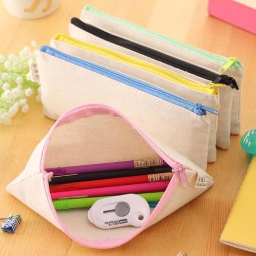 DIY Blank Canvas Bags 20.5*8.5cm Plain Zipper Pencil Pen Bags Stationery Gift Storage Pouch LX8769