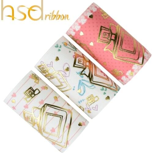 HSDRibbon 75mm 3 inch Perfume bottles foil Gold Printed on HT Grosgrain Ribbon for hair bow