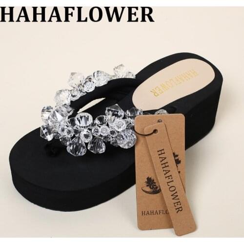 HAHAFLOWER summer women shoes female Handmade diamond rhinestone beach slippers platform wedges shoes high heels
