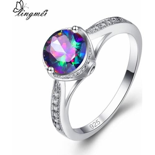 Lingmei Wholesale Sparkling Round Cut Multi & White Zircon Silver Color Ring Size 6-9 Men Women Classic Simple Chic Jewelry