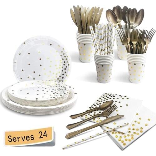 White Gold Party Supplies Disposable Dinnerware Sets Golden Dot Paper Tableware for Graduation Birthday Holiday Christmas Decor