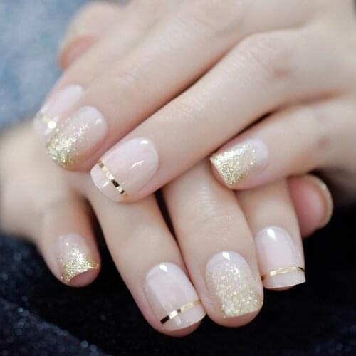 UV Gel Cover False Nails Gold Glitter Nude Ladis Press On Fingernails Short with Adhesive Tabs Perfect for daily